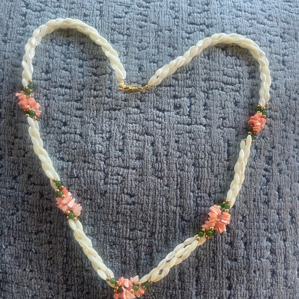 Vintage braided freshwater pearl necklace with coral, jade and gold like beads.